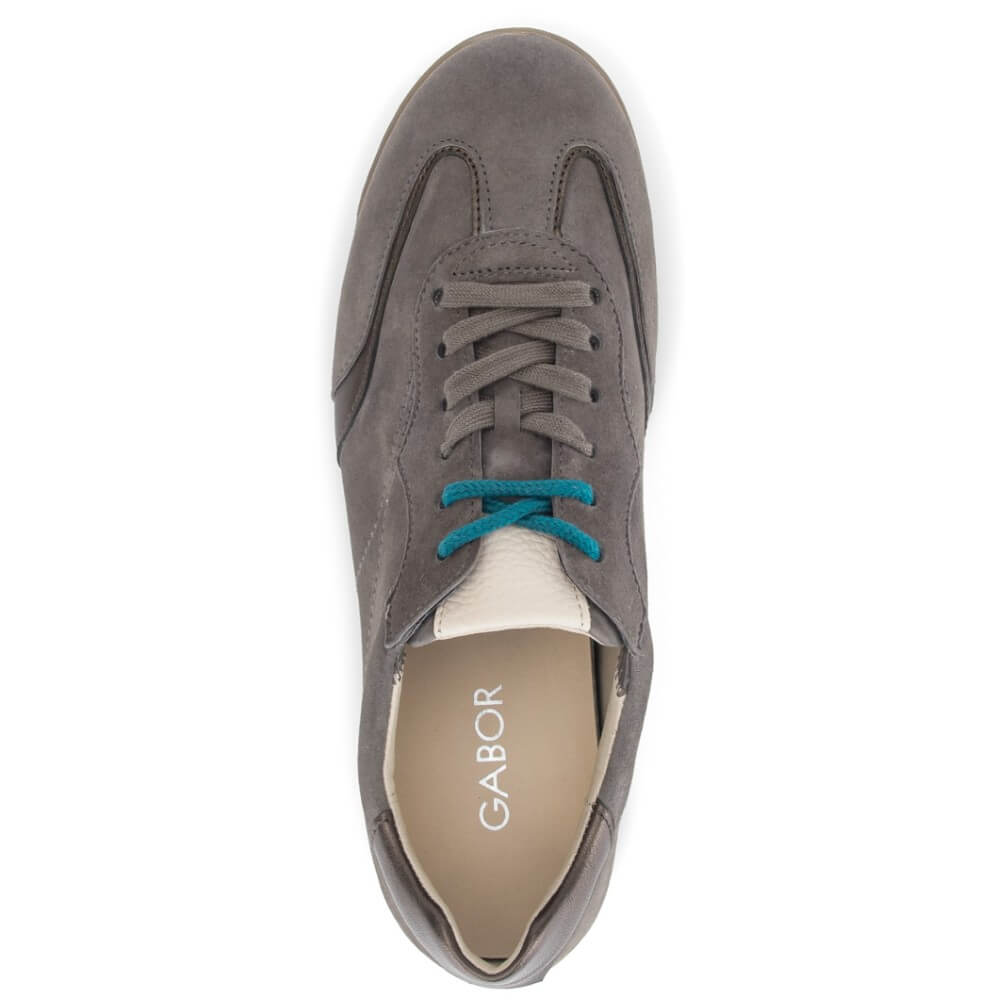A Gabor low-top suede sneaker in grey with metallic grey accents, a white midsole, and bright turquoise laces, shown on a white background.