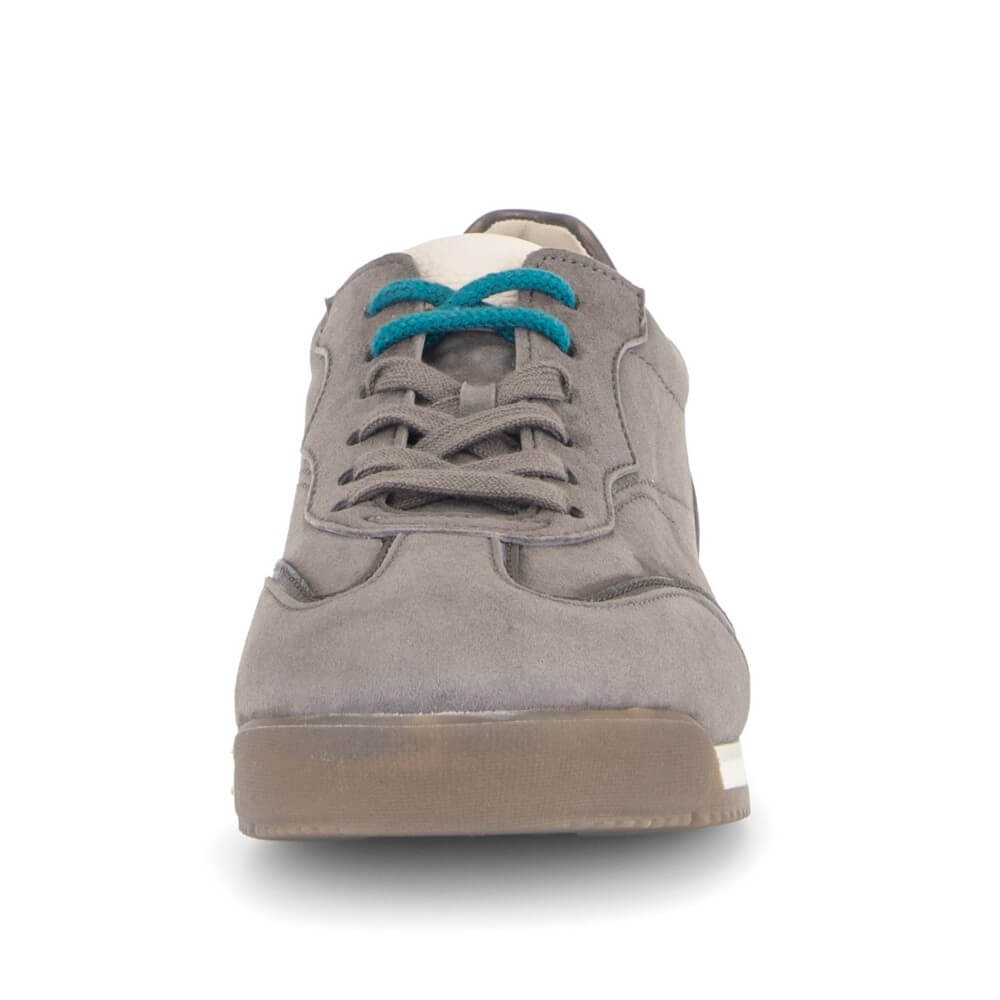 A Gabor low-top suede sneaker in grey with metallic grey accents, a white midsole, and bright turquoise laces, shown on a white background.