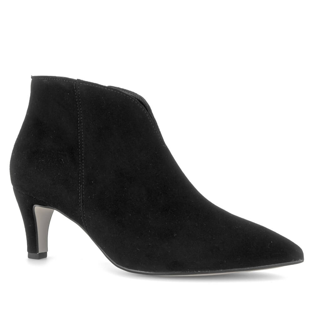 A Gabor single black suede ankle boot with a pointed toe and a slim silver-tone stiletto heel, shown from a side profile on a white background.