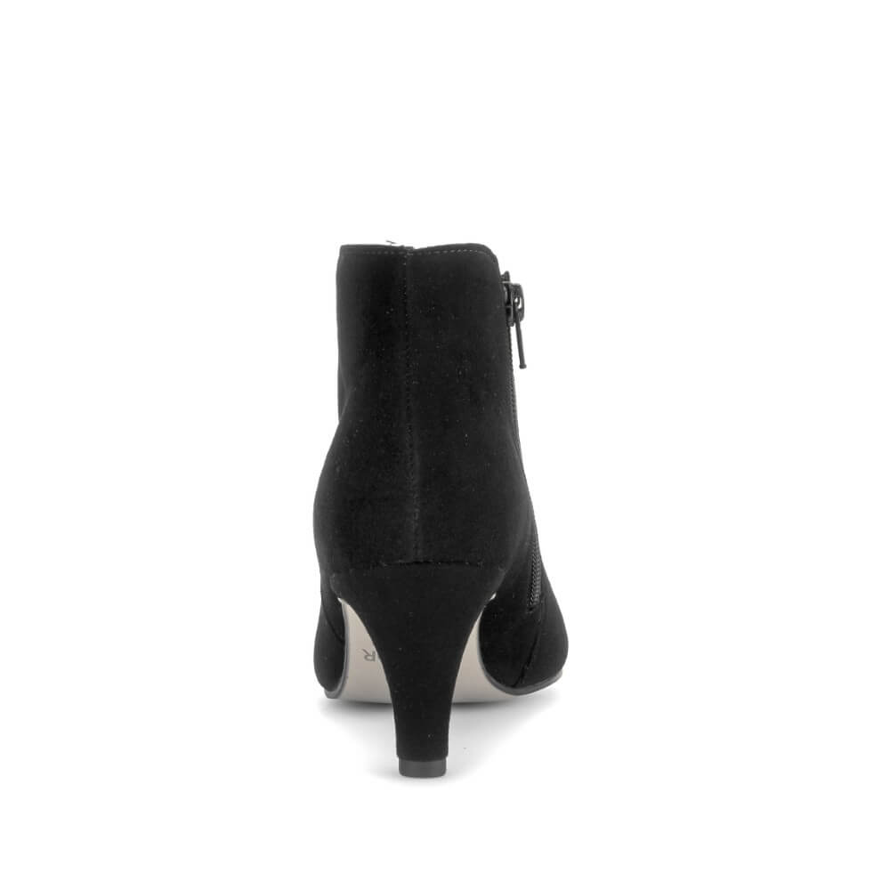 Gabor Black suede ankle boot with a kitten heel and side zipper, shown from a rear three-quarter view on a white background.