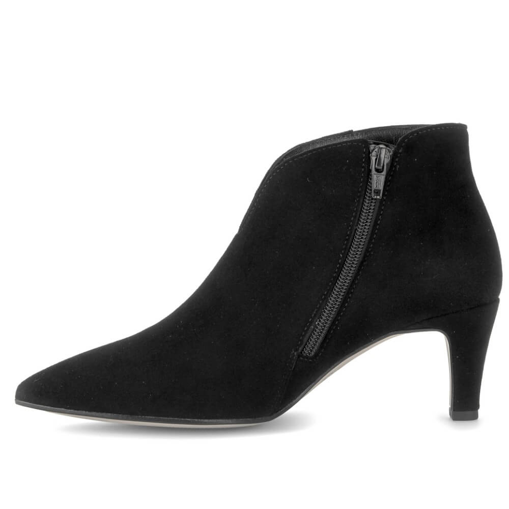 A Gabor black suede ankle boot with a pointed toe, a mid-height kitten heel, and a side zipper, shown from a side profile view on a white background.