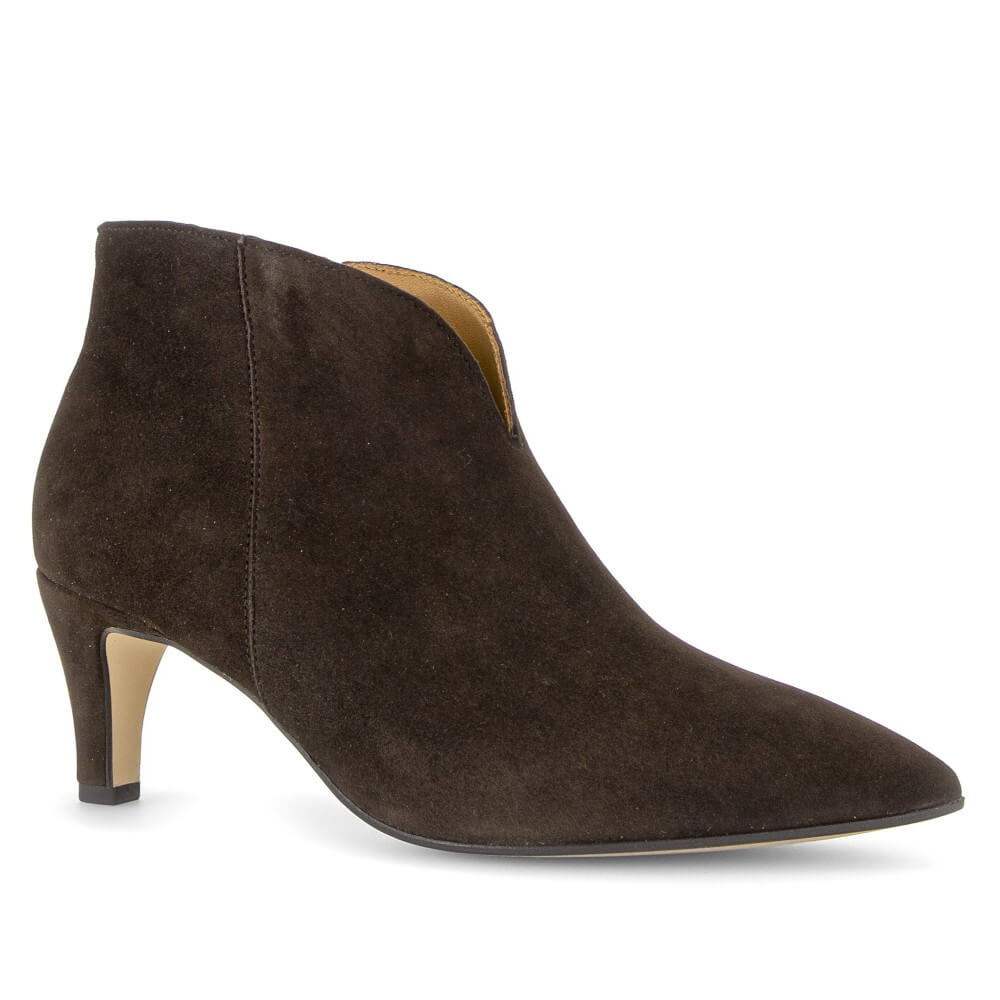 A Gabor dark brown suede ankle boot with a pointed toe and a slim high heel, shown from a side profile on a white background.