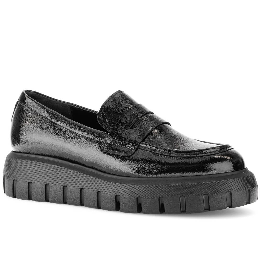 A Gabor black leather penny loafer with a chunky, ribbed platform sole, shown from a three-quarters angle on a white background.