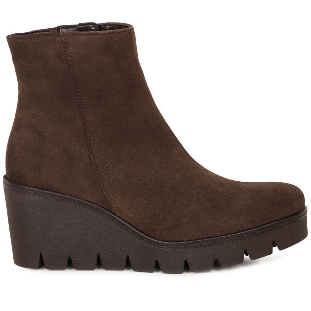 A Gabor dark brown suede ankle boot with a chunky wedge platform sole, shown from a side profile view against a plain white background.