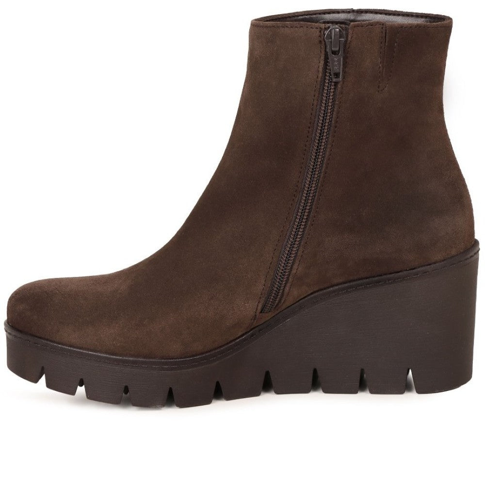 A Gabor dark brown suede ankle boot with a chunky wedge heel, a deep lug sole, and a side zipper, shown from a side profile view on a white background.