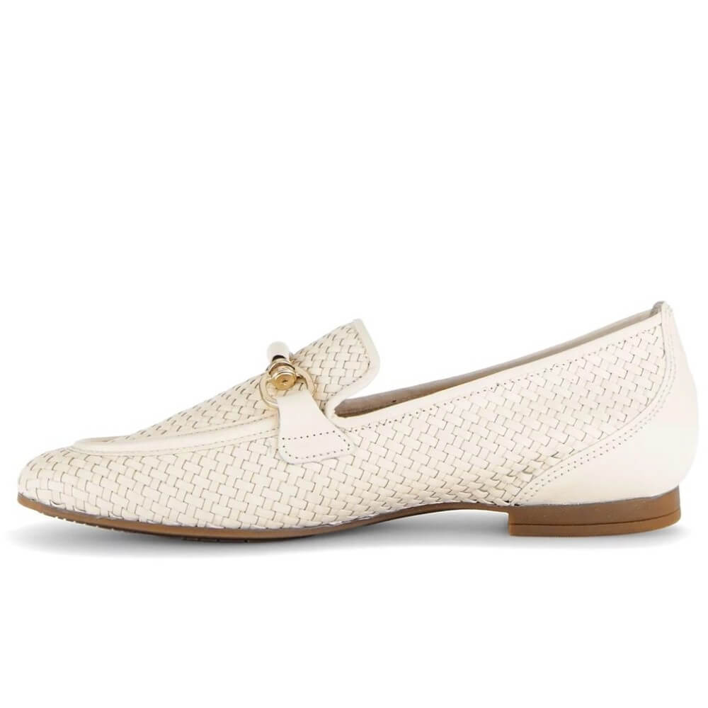 Gabor cream-colored woven loafers on a white background