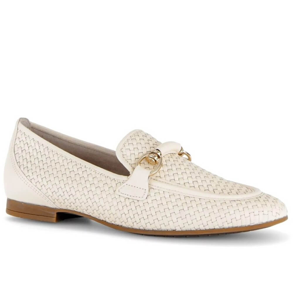 Gabor cream-colored woven loafers on a white background