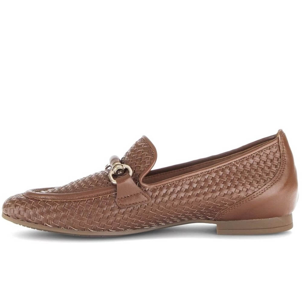 Gabor Brown loafer shoe with a gold buckle on a white background