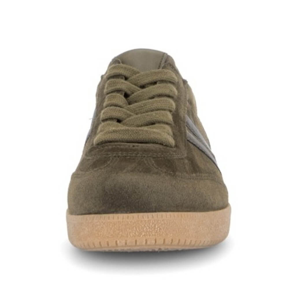Gabor Olive Green suede trainers on a white background