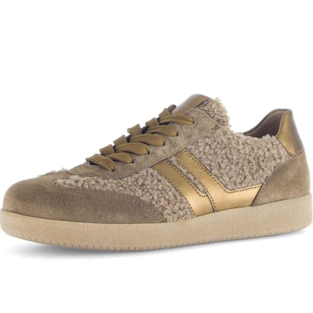 Brown and gold sneaker on a white background Gabor West Leather Trainer 73.300 Teddy Light Bronze