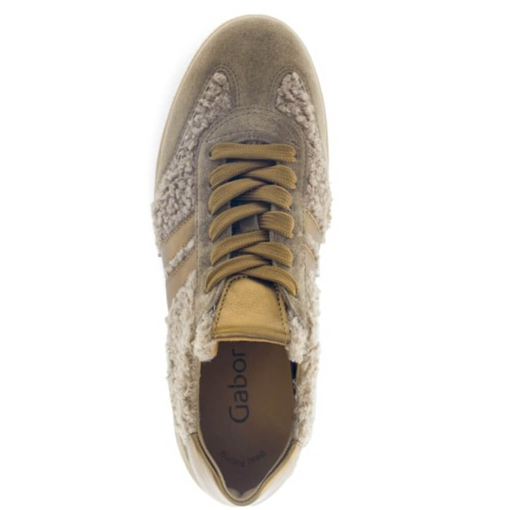 Brown and gold sneaker on a white background Gabor West Leather Trainer 73.300 Teddy Light Bronze
