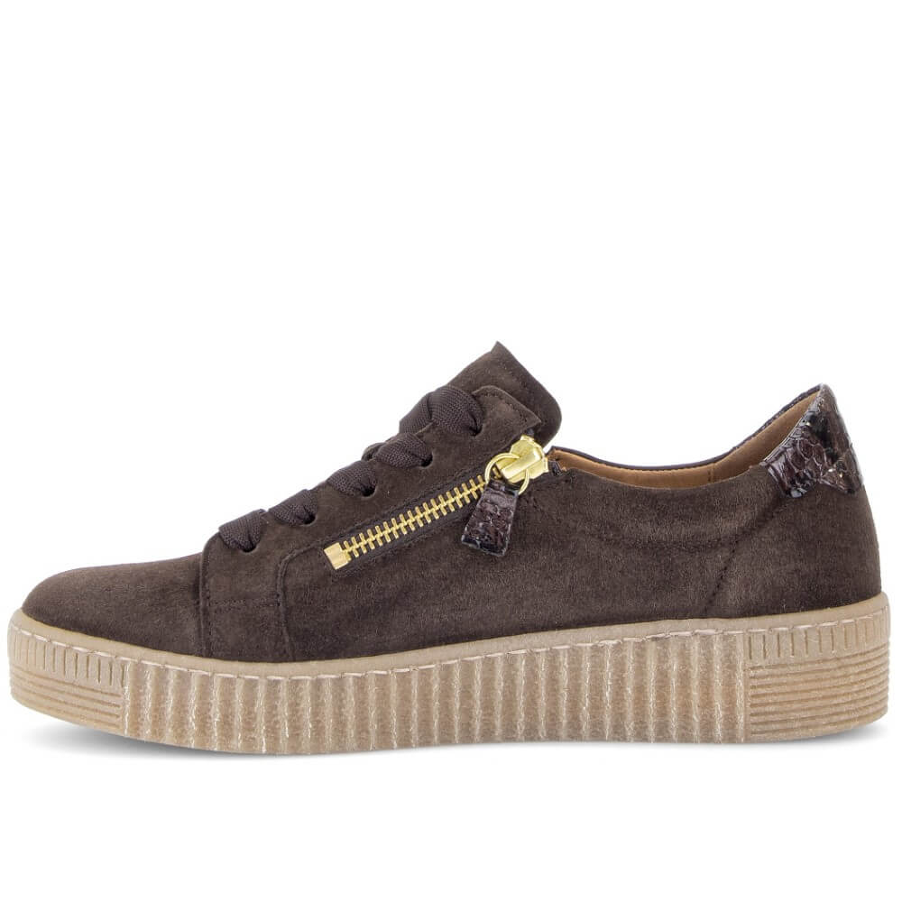 Gabor Brown Suede Laced trainer with two side zips on a white background