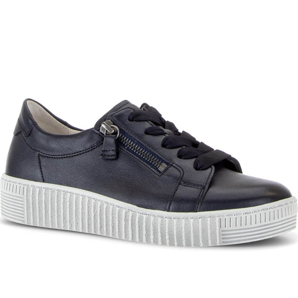 Gabor Navy Leather Laced Trainer with a side zip on a white background