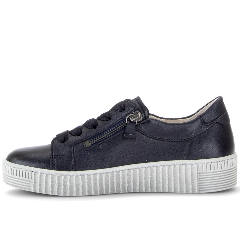 Gabor Navy Leather Laced Trainer with a side zip on a white background