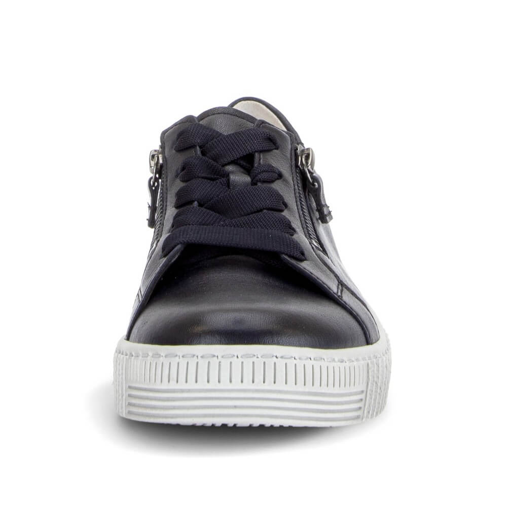 Gabor Navy Leather Laced Trainer with a side zip on a white background