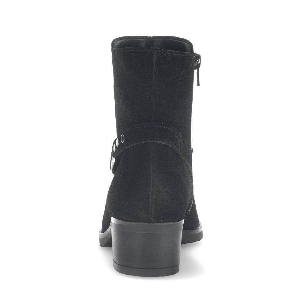 Black suede boot with a strap on a white background