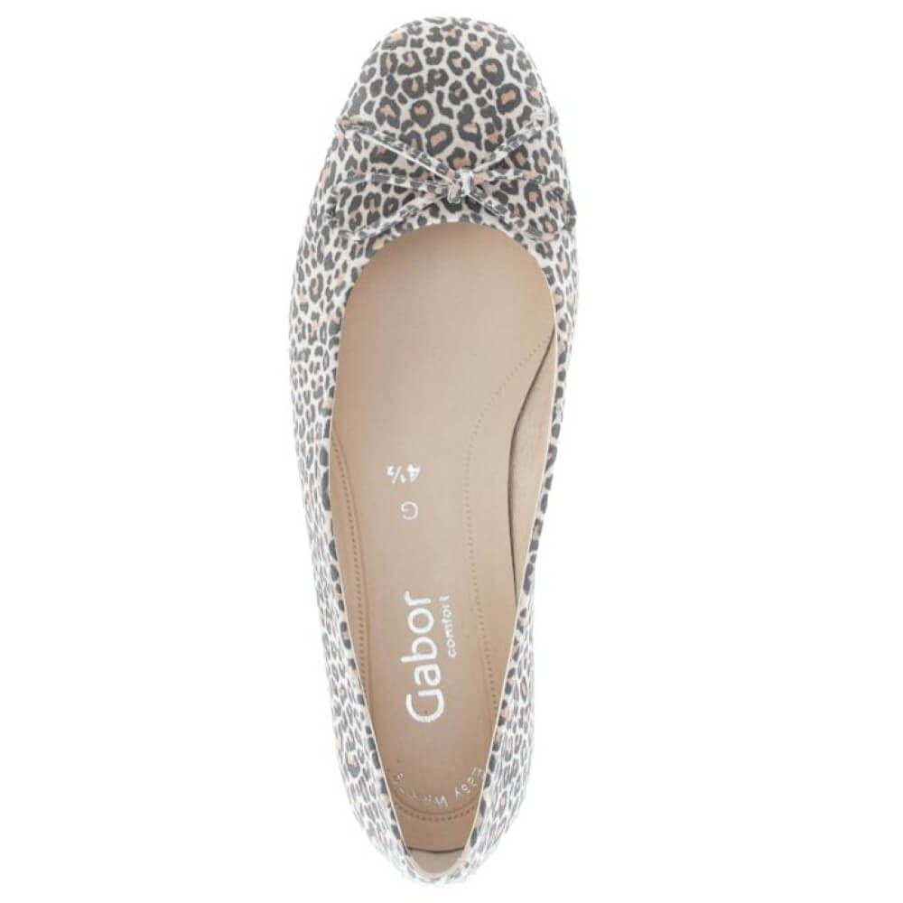 Leopard print flat shoe with 'Gabor' branding on a white background