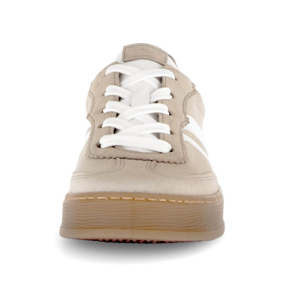 Beige sneaker with white laces on a white background