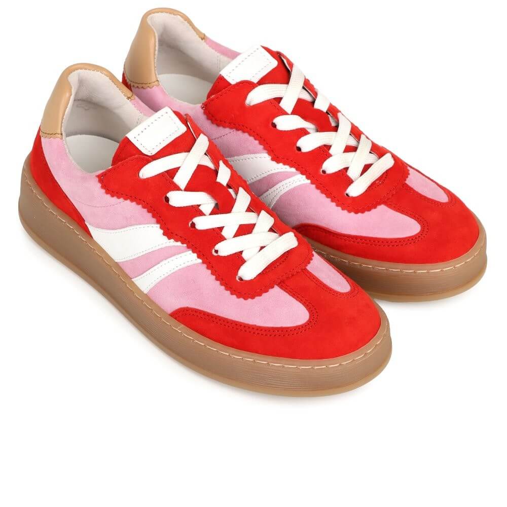 Red and pink striped sneakers with white laces on a white background