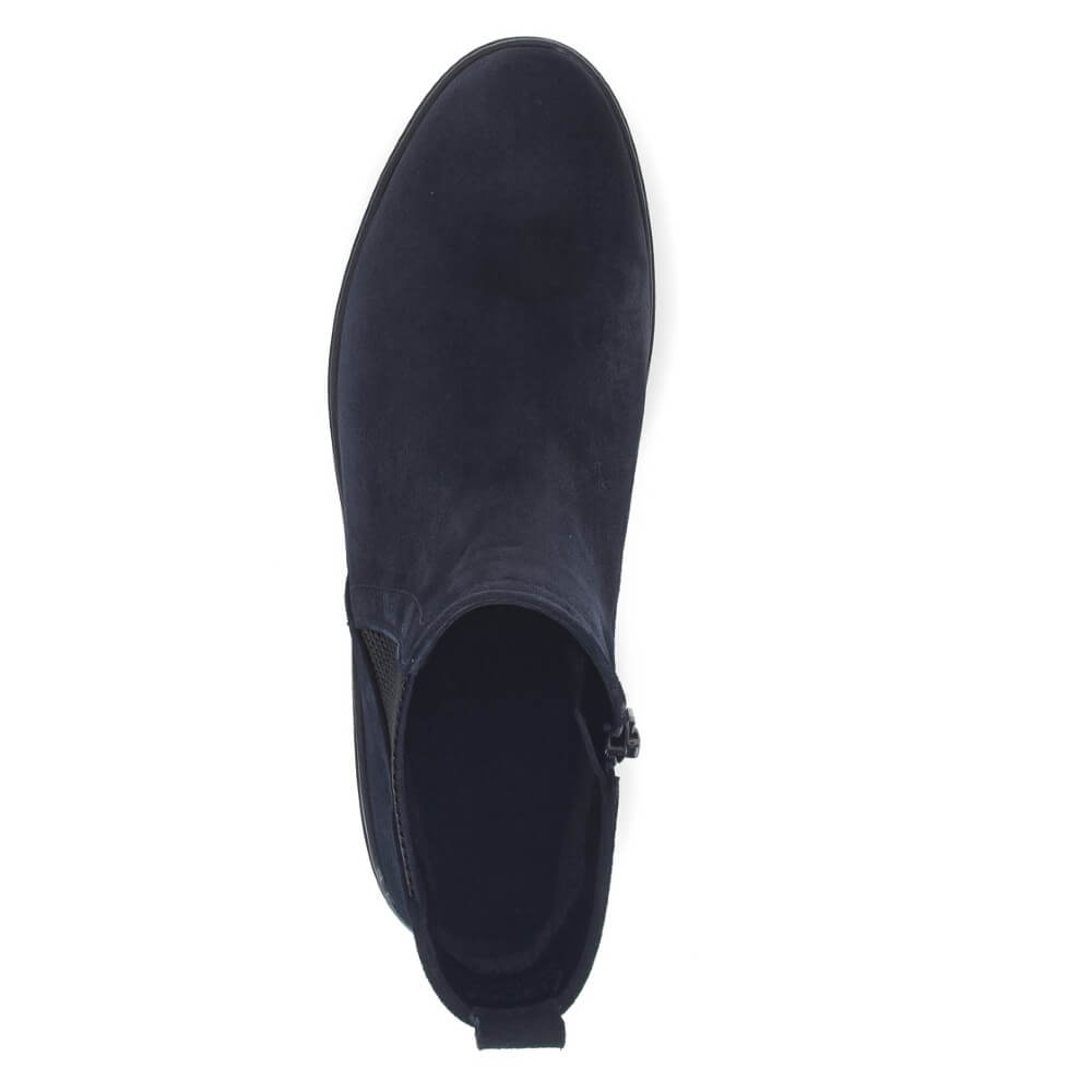 Navy blue ankle boot with a black sole on a white background Gabor Dublin 72.061 Suede Ankle Boots combine classic Chelsea