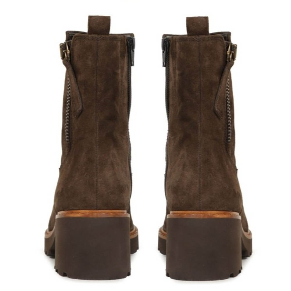 Brown suede boots with zippers on a white background