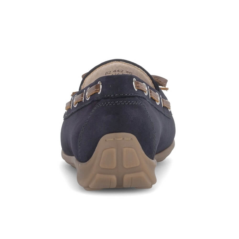 Gabor Navy blue boat shoe with brown accents on a white background