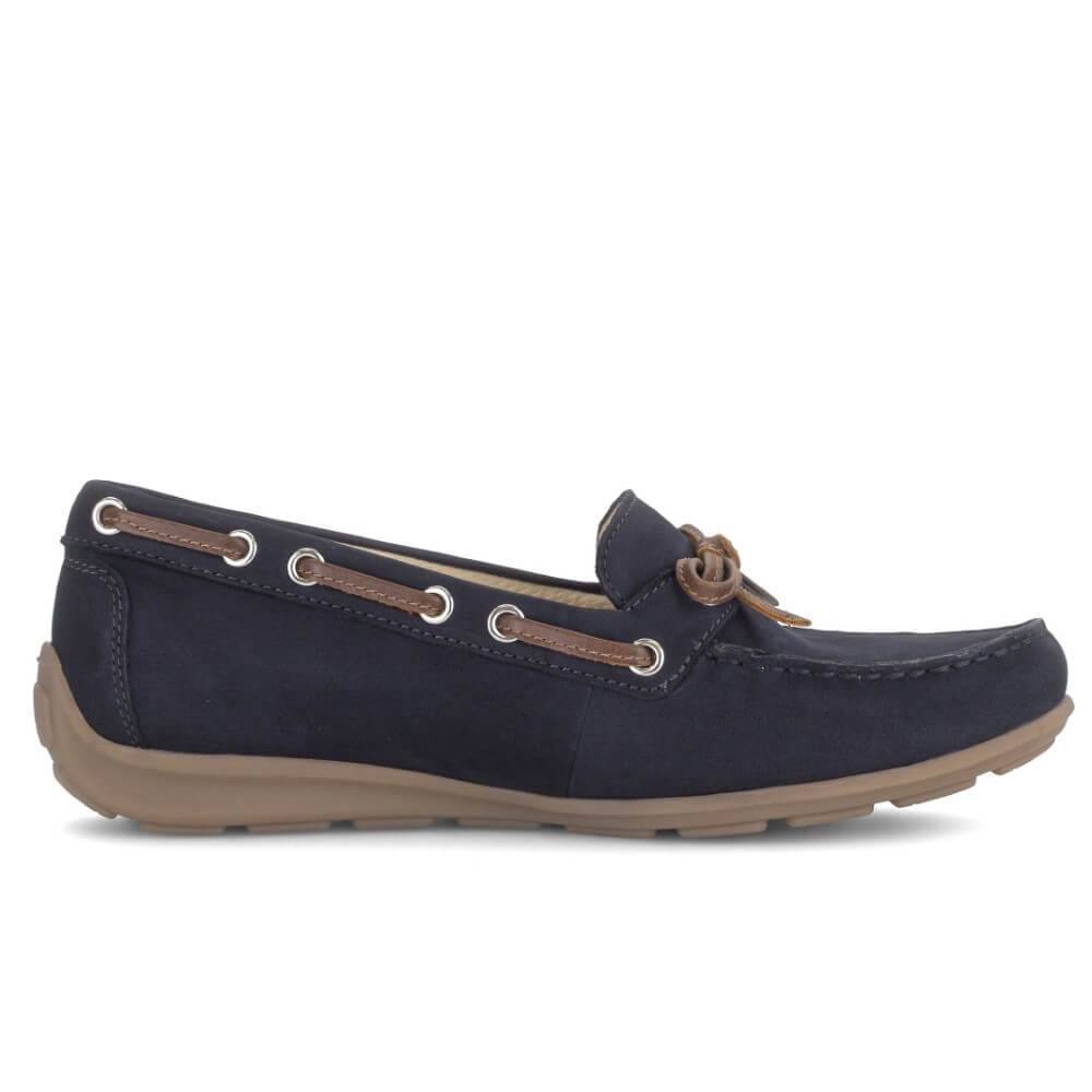 Gabor Navy blue boat shoe with brown accents on a white background