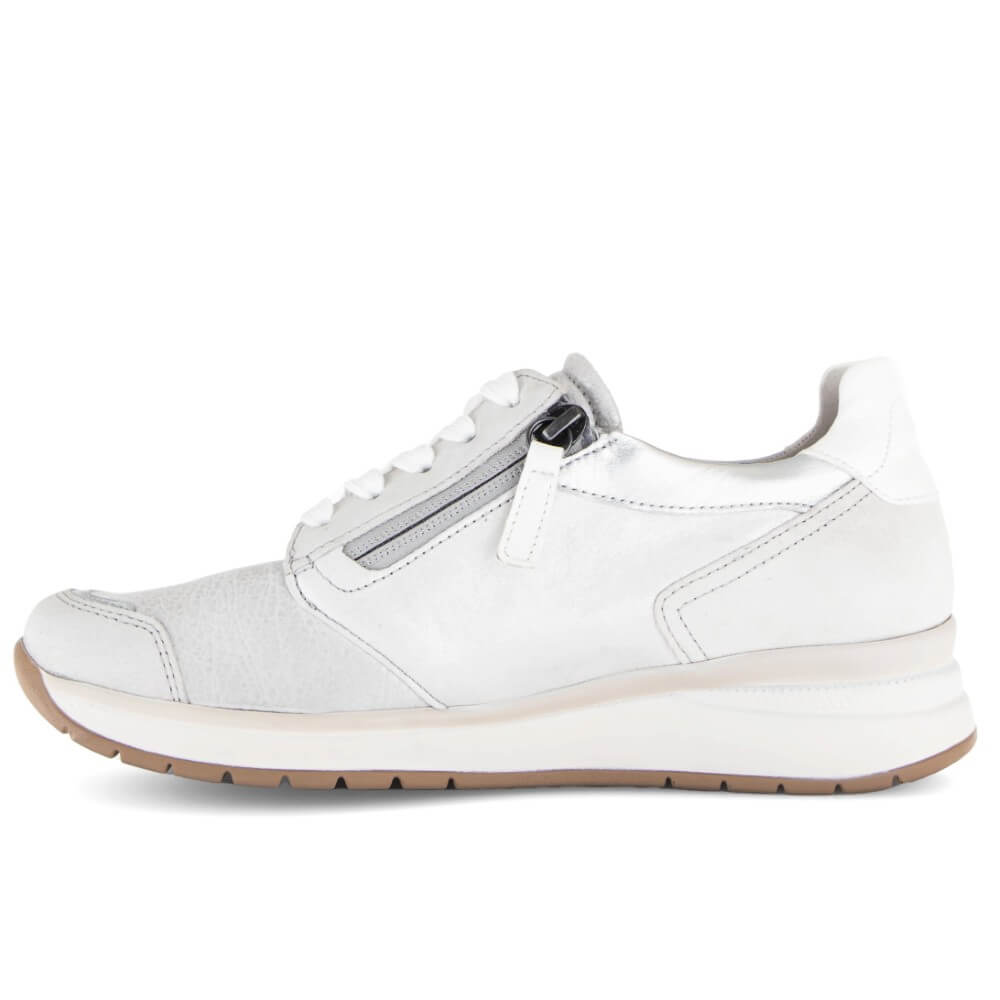 White and Silver wide fit laced trainer with two zips