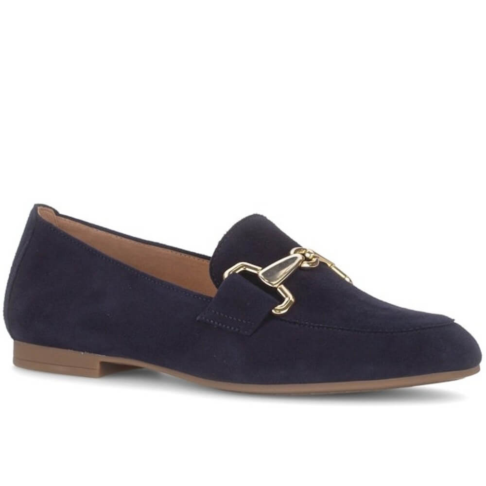 Navy blue loafer with gold buckle on a white background