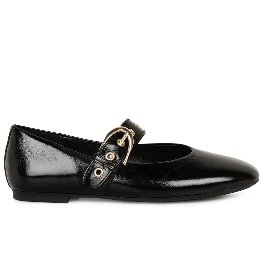 Black flat shoe with a gold buckle on a white background