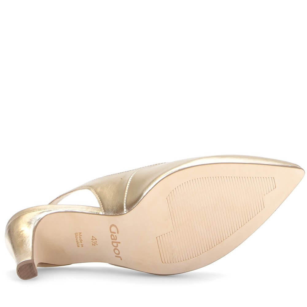 Gold high-heeled shoe sole with 'Gabor' branding on a white background