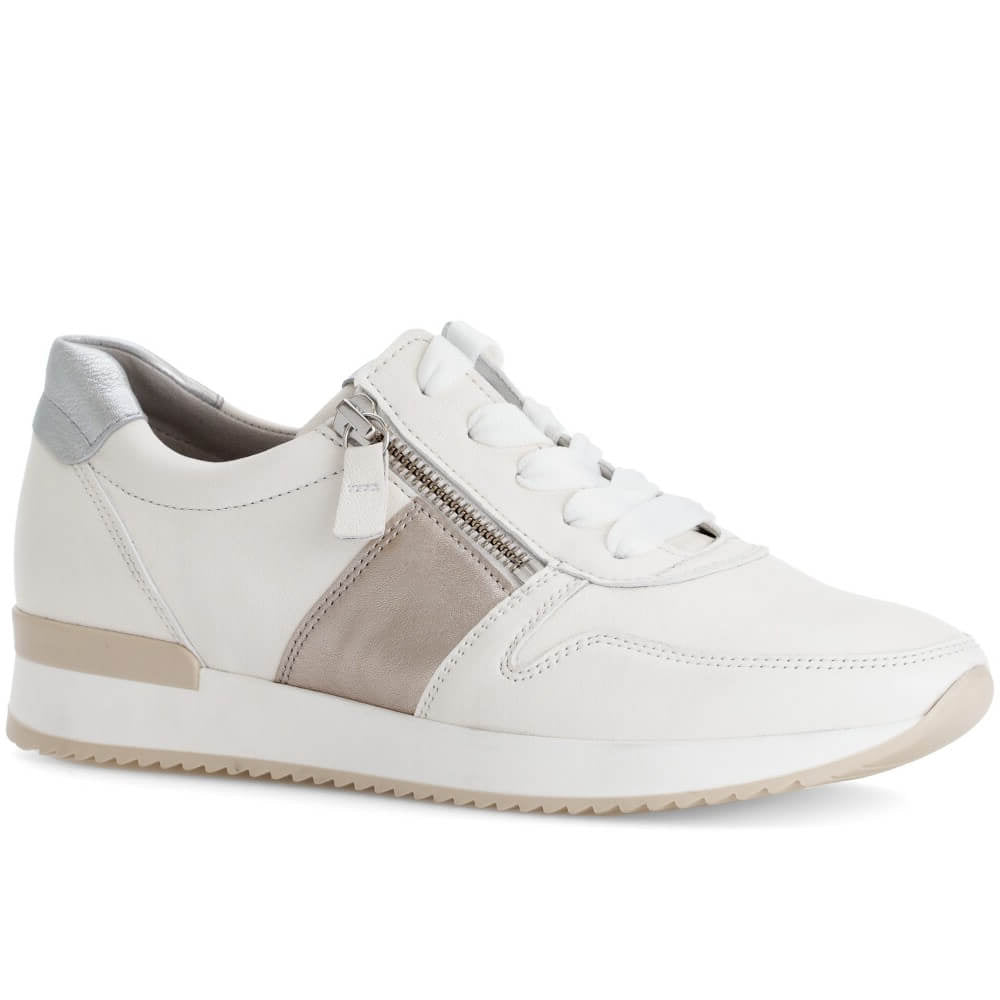 White sneaker with gray and beige accents on a white background