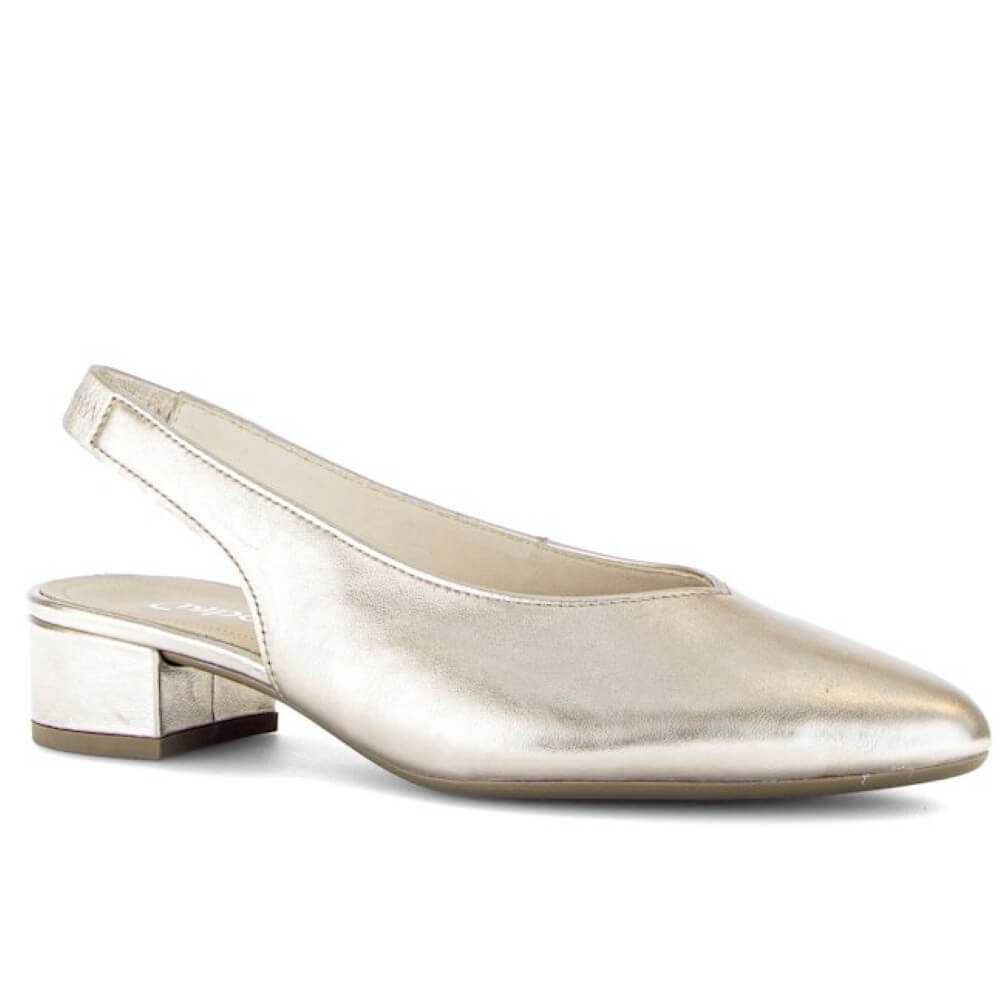 Metallic gold slingback shoe on a white background