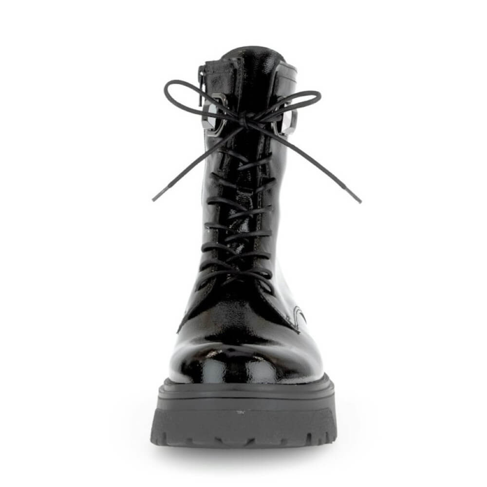 Black patent leather boot with a thick sole on a white background Gabor Merry Biker Boot 71.761 Black Patent