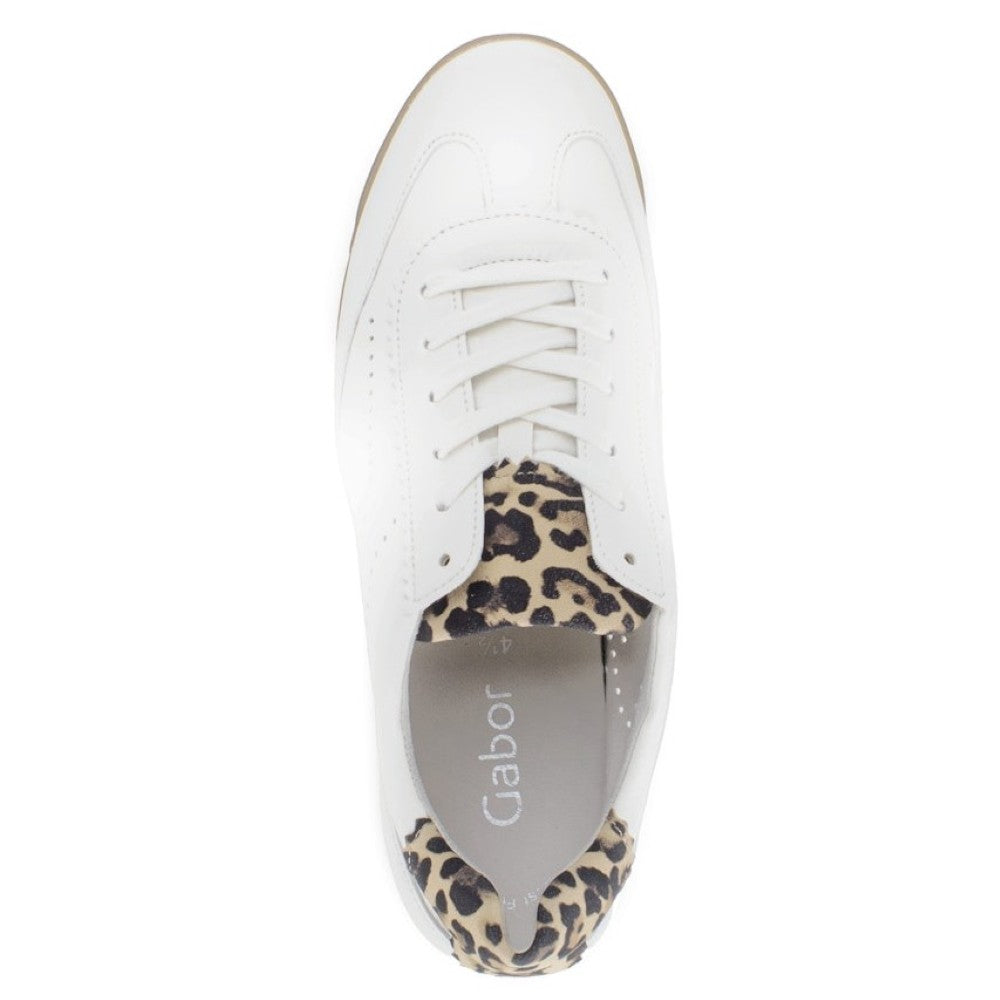 Off white leather retro sneaker with a pop of Leopard