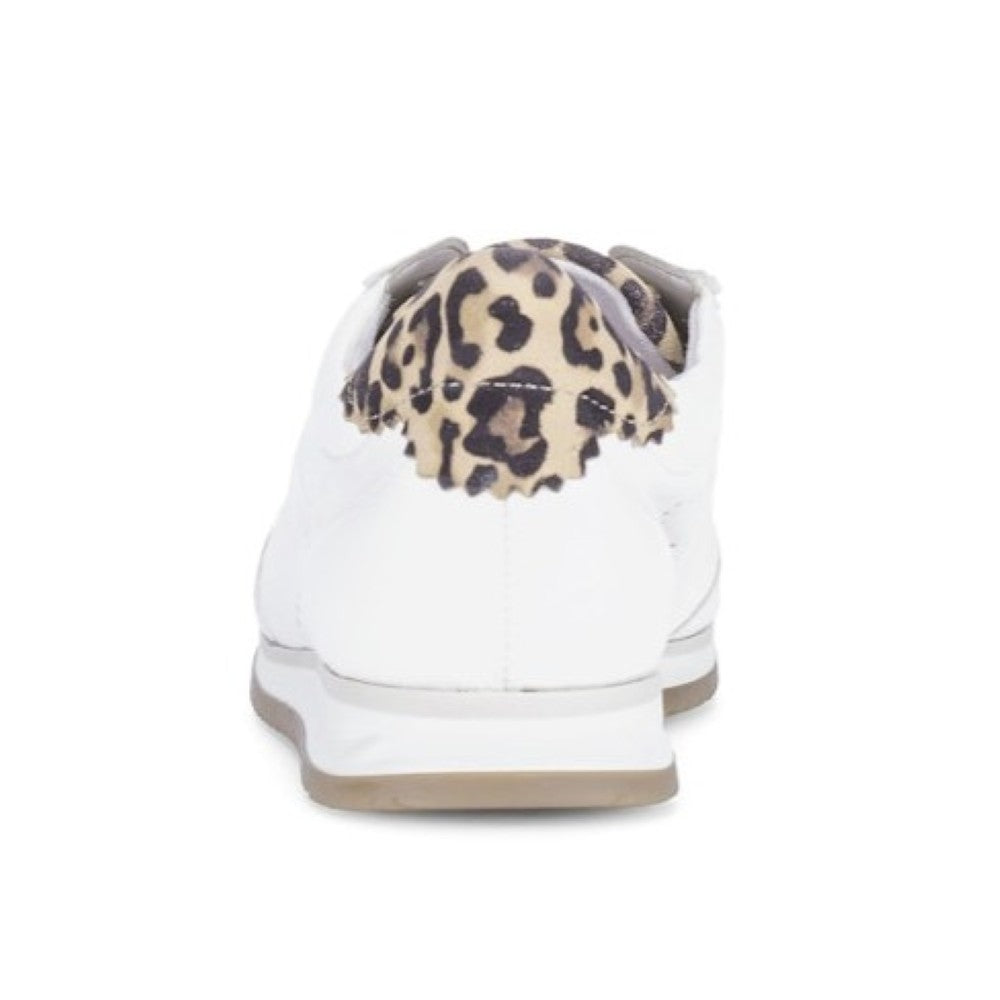 Off white leather retro sneaker with a pop of Leopard