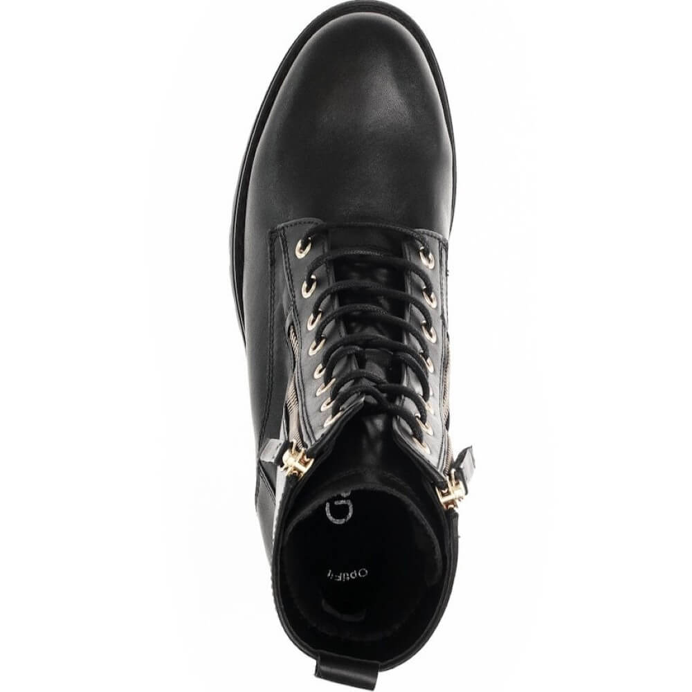 Black leather boot with two gold zippers and laces on a white background Gabor Serve biker boots 72.785 Black