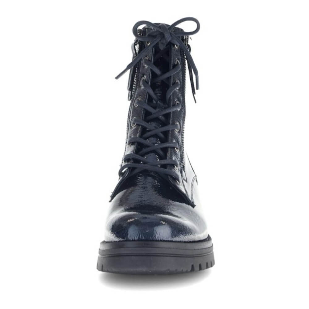 Navy blue patent leather boot with laces and 2 zippers on a white background Gabor Serve Biker Boots 72.785 Navy Patent Leather