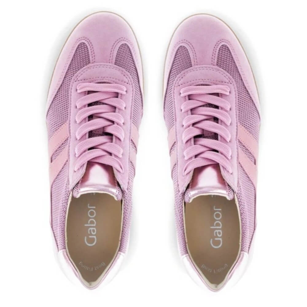 Pink sneakers with 'Gabor' branding on a white background