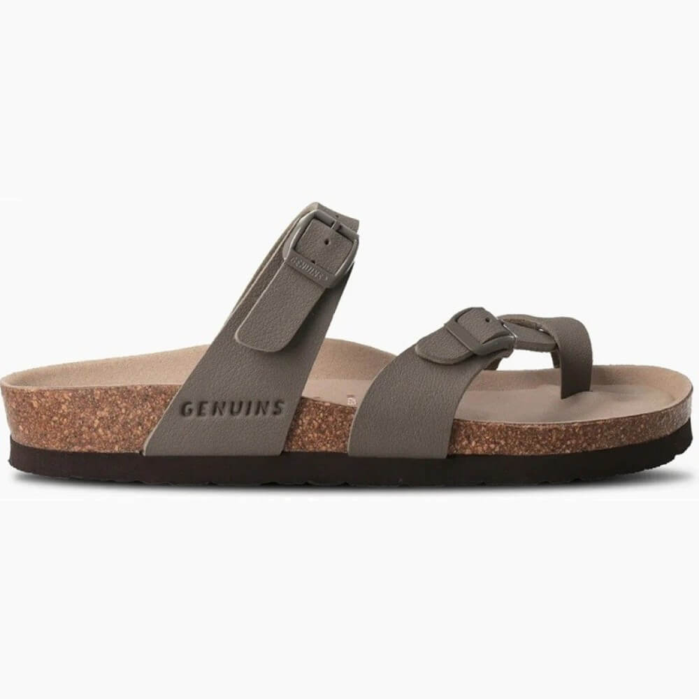 Pair of brown Genuins sandals with cork sole on a white background