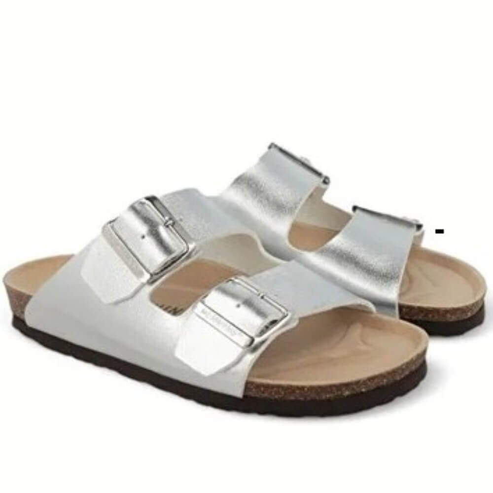Genuins Silver sandal with a strap on a white background