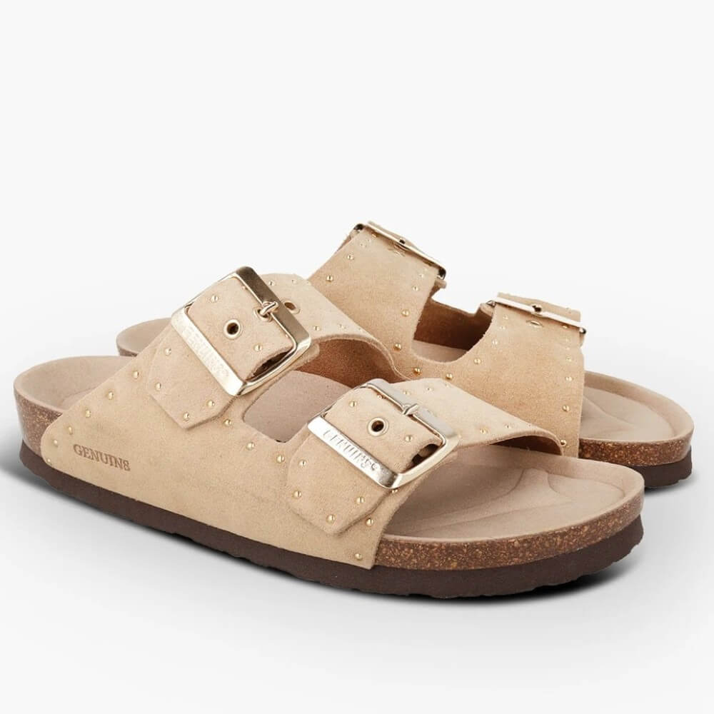 Genuins Beige sandals with gold buckles on a white background