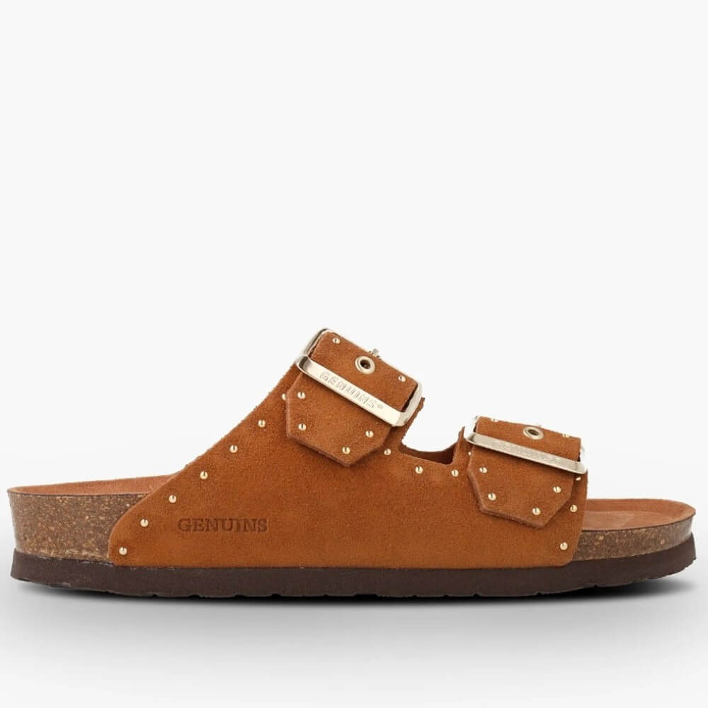 Genuins Brown sandal with gold buckles on a white background