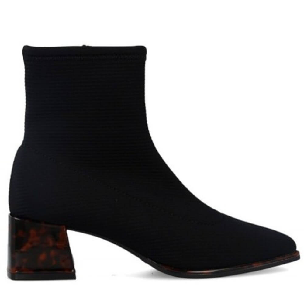 Gioseppo Black ribbed ankle boot with a block heel featuring a tortoiseshell pattern, shown against a plain white background.