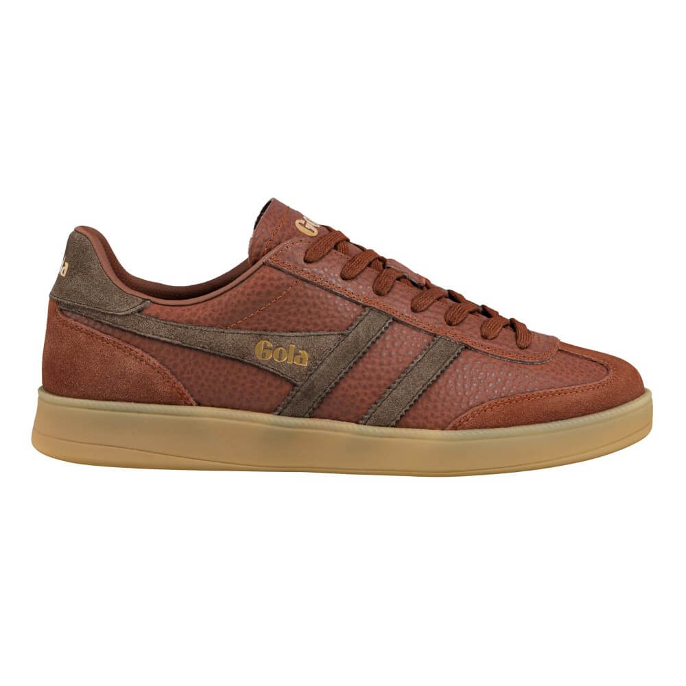 A brown leather Gola sneaker with brown laces, brown side stripes, and a tan gum sole, shown from side on a white background.