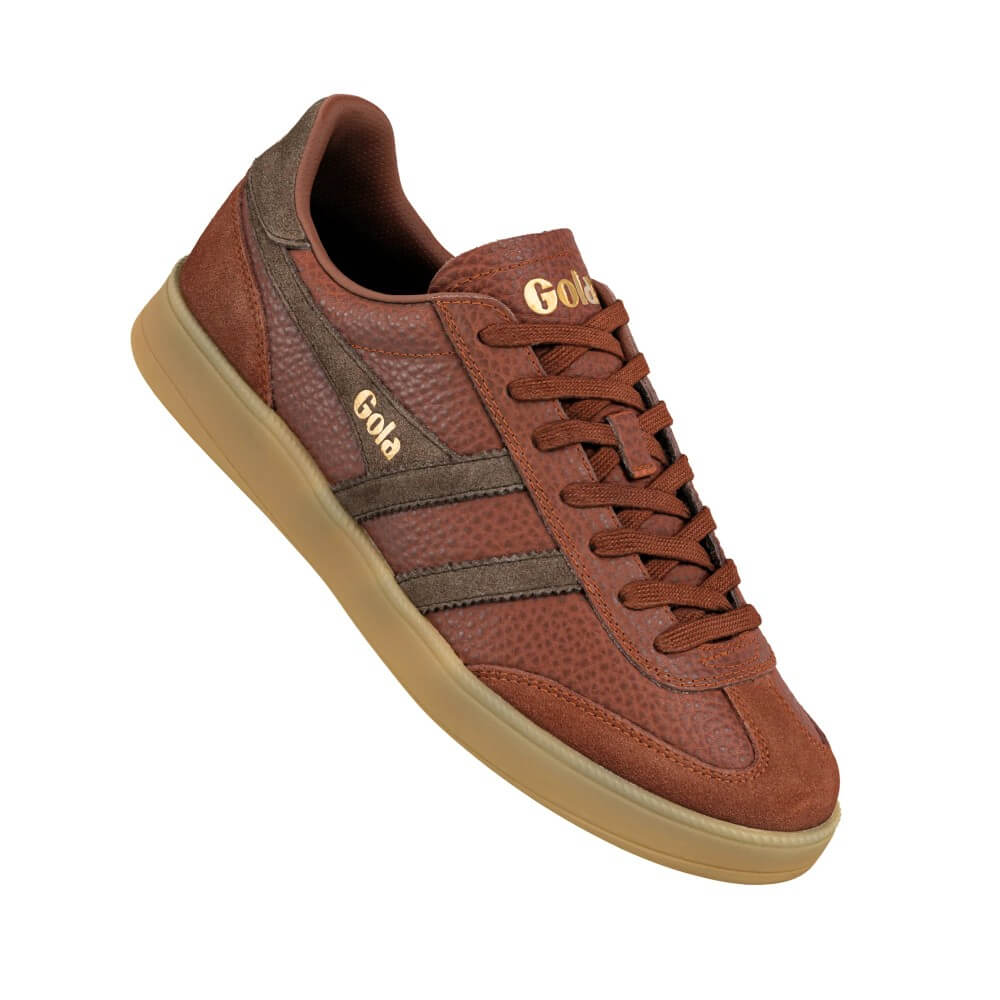 A brown leather Gola sneaker with dark brown leather stripes, matching brown laces, and a tan gum sole, shown on a plain white background.