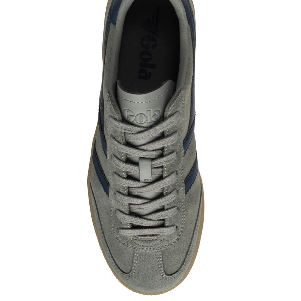 A top-down view of a grey suede sneaker with navy blue side stripes and matching grey laces, on a white background.