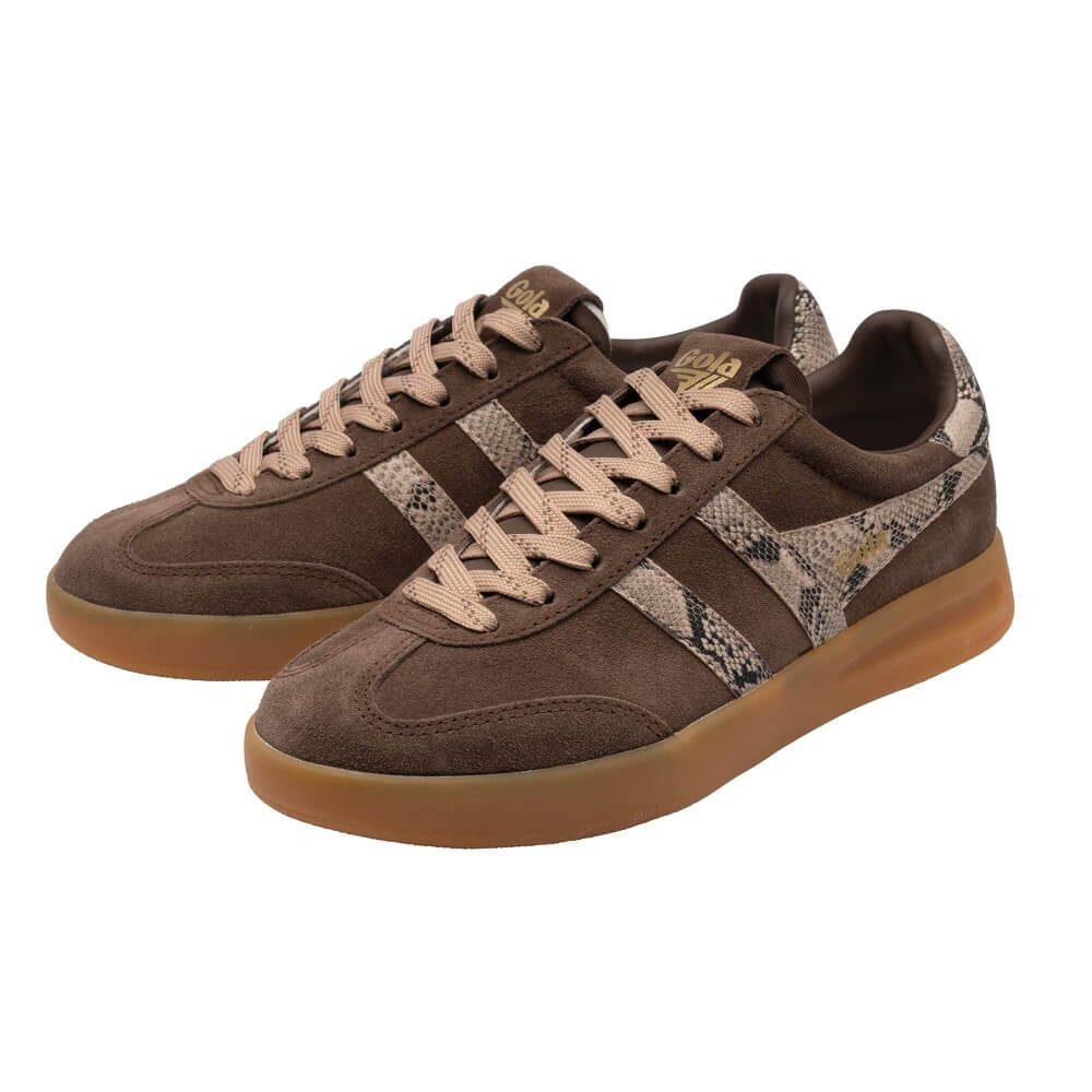 A pair of Gola low-top sneakers in brown suede and snakeskin-patterned material, featuring beige laces and a gum sole, shown against a plain white background.