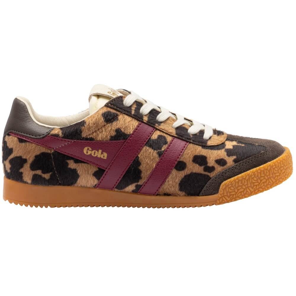 A Gola brand low-top sneaker featuring a brown and black leopard print pattern, burgundy leather side stripes with gold 'Gola' branding, cream laces, and a brown gum sole, shown against a plain white background.