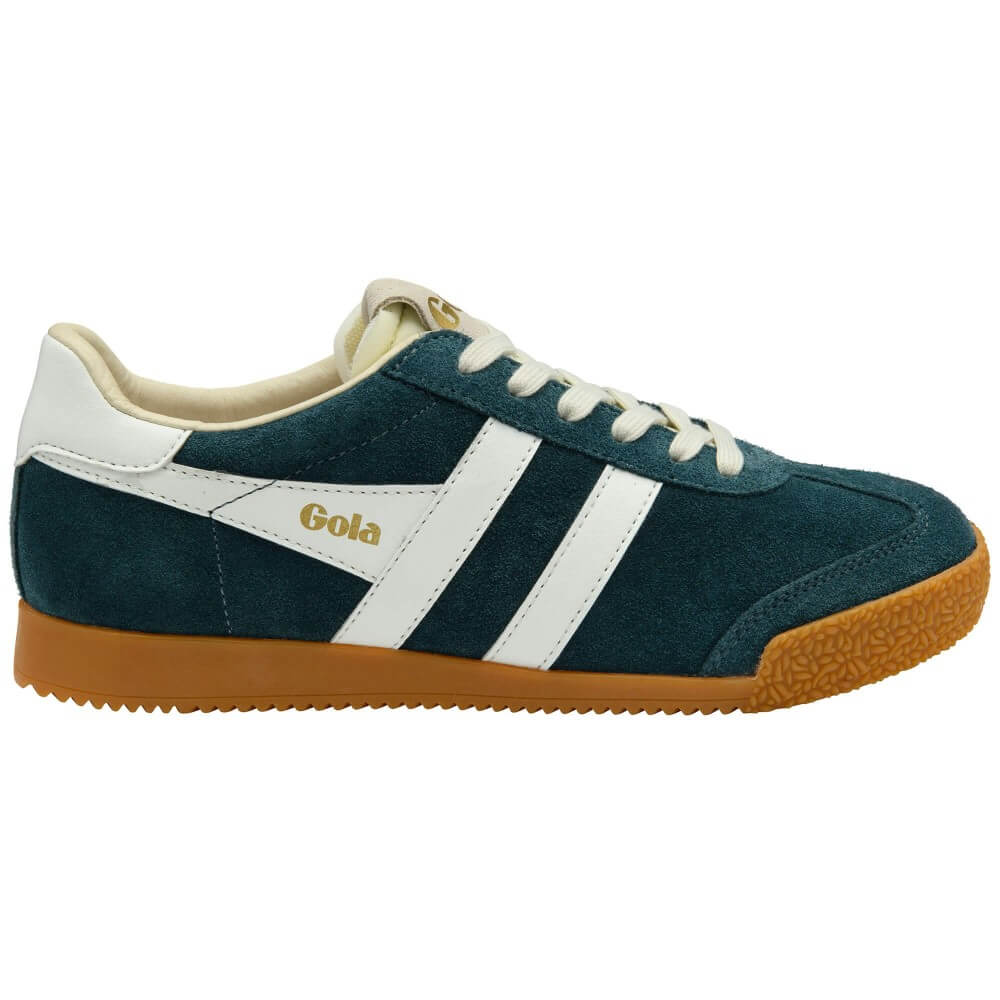 A Gola brand low-top sneaker in dark teal suede with white leather side stripes, cream laces and collar lining, and a brown gum rubber sole, shown from a side profile on a white background.